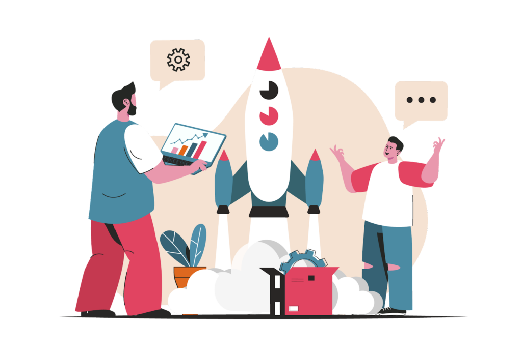 Small business launching successful email marketing campaign. Graphic illustration of two small business owners celebrating a rocket launching.