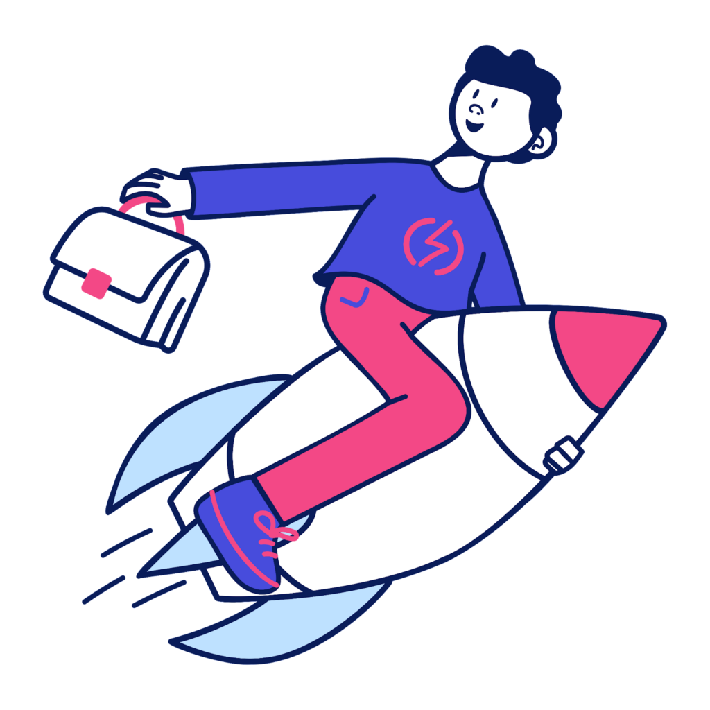 Increase Your Business’s Revenue Today. Graphic illustration of person riding a rocket ship with a briefcase