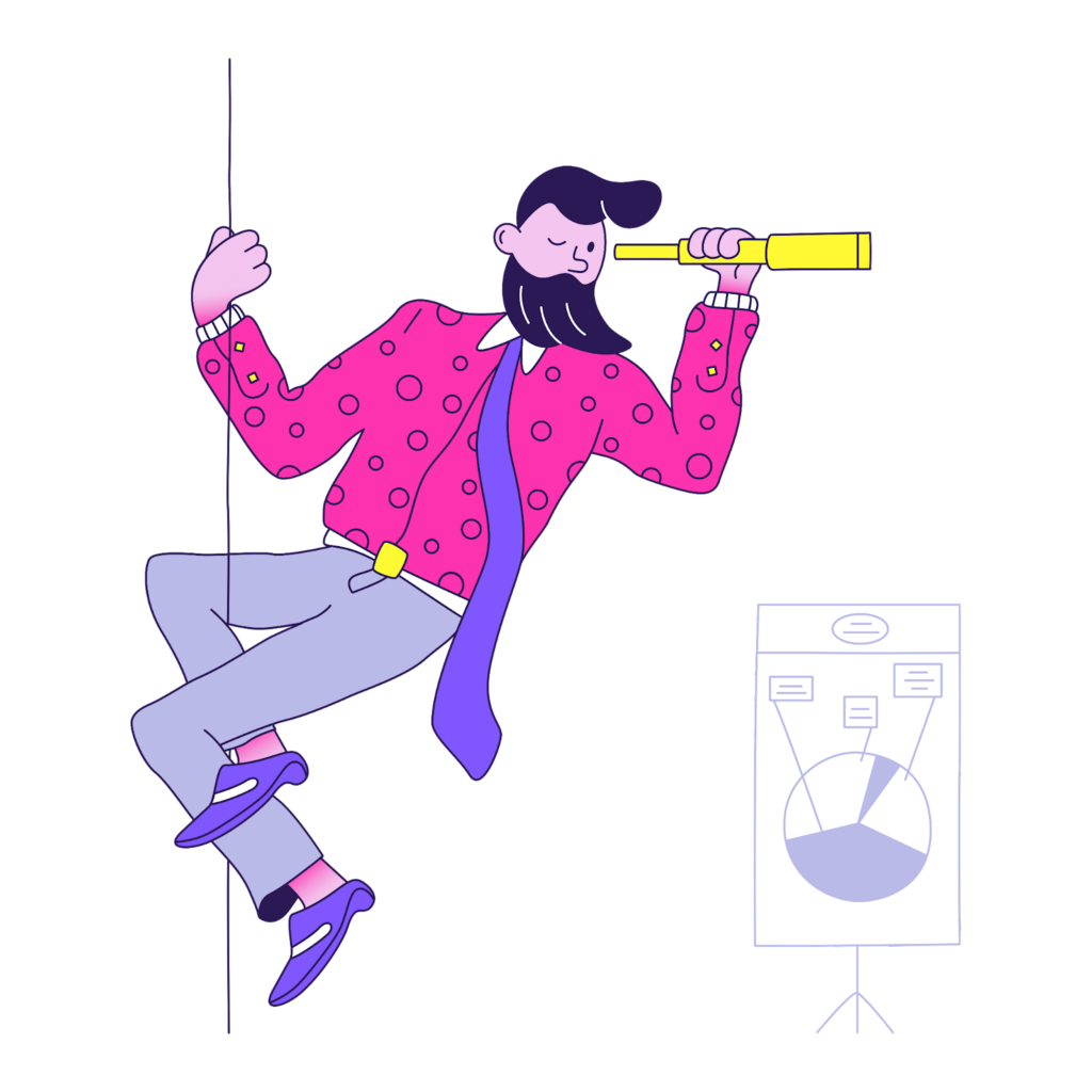 graphic illustration of person looking for a decision maker with a spyglass