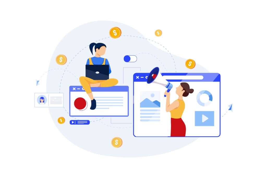 Which one should you choose – paid ads or SEO? Graphic illustration of two people sitting on and in computer windows.